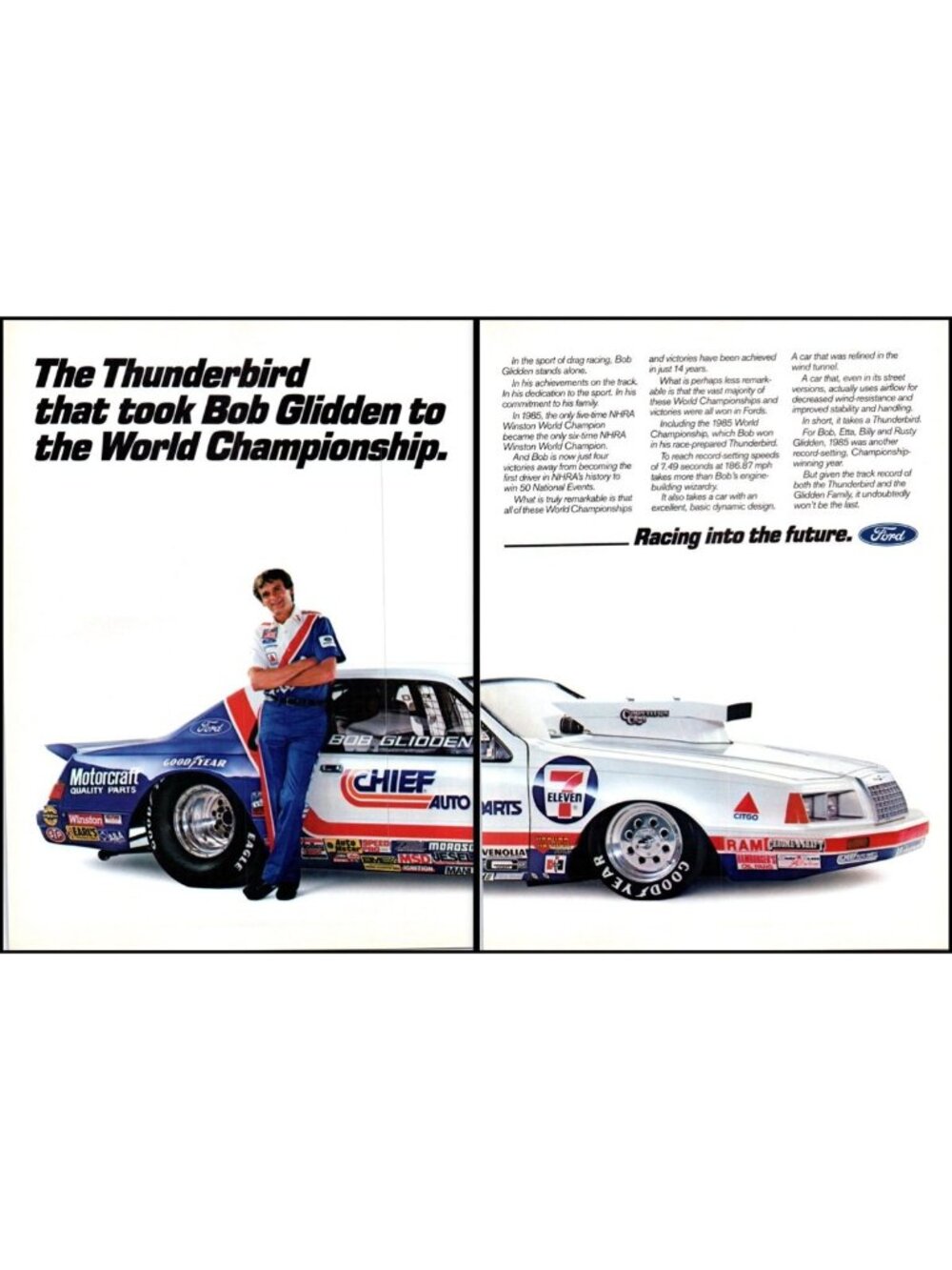 1986 Ford Thunderbird Racing 2 Page Vintage Print Ad Bob Glidden NHRA Wall Art